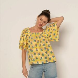 Ophelia & Indigo Fifi square neck yellow sunshine floral California boho tops S